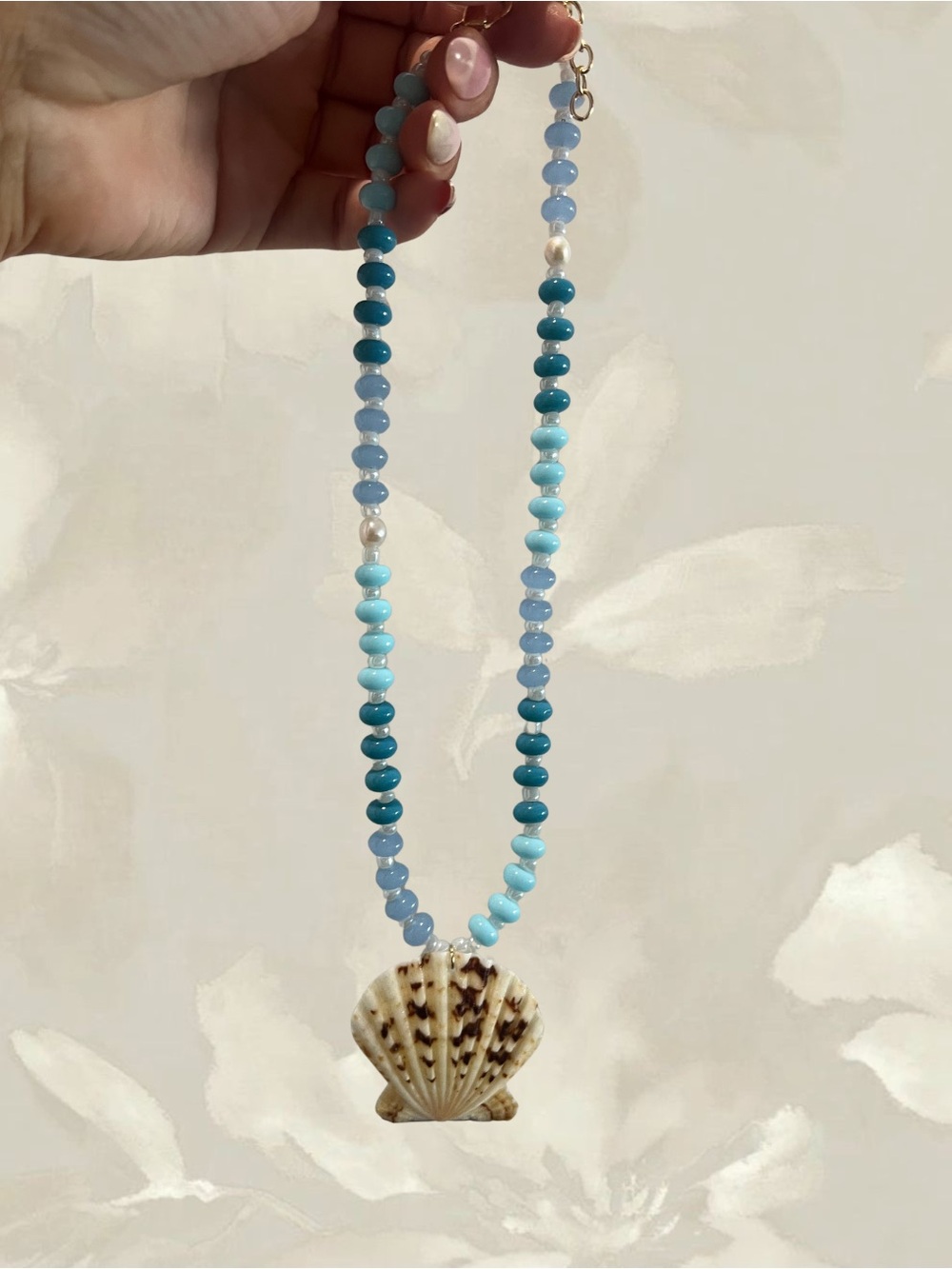 Handcrafted Blue Beaded Shell Pendant Necklace